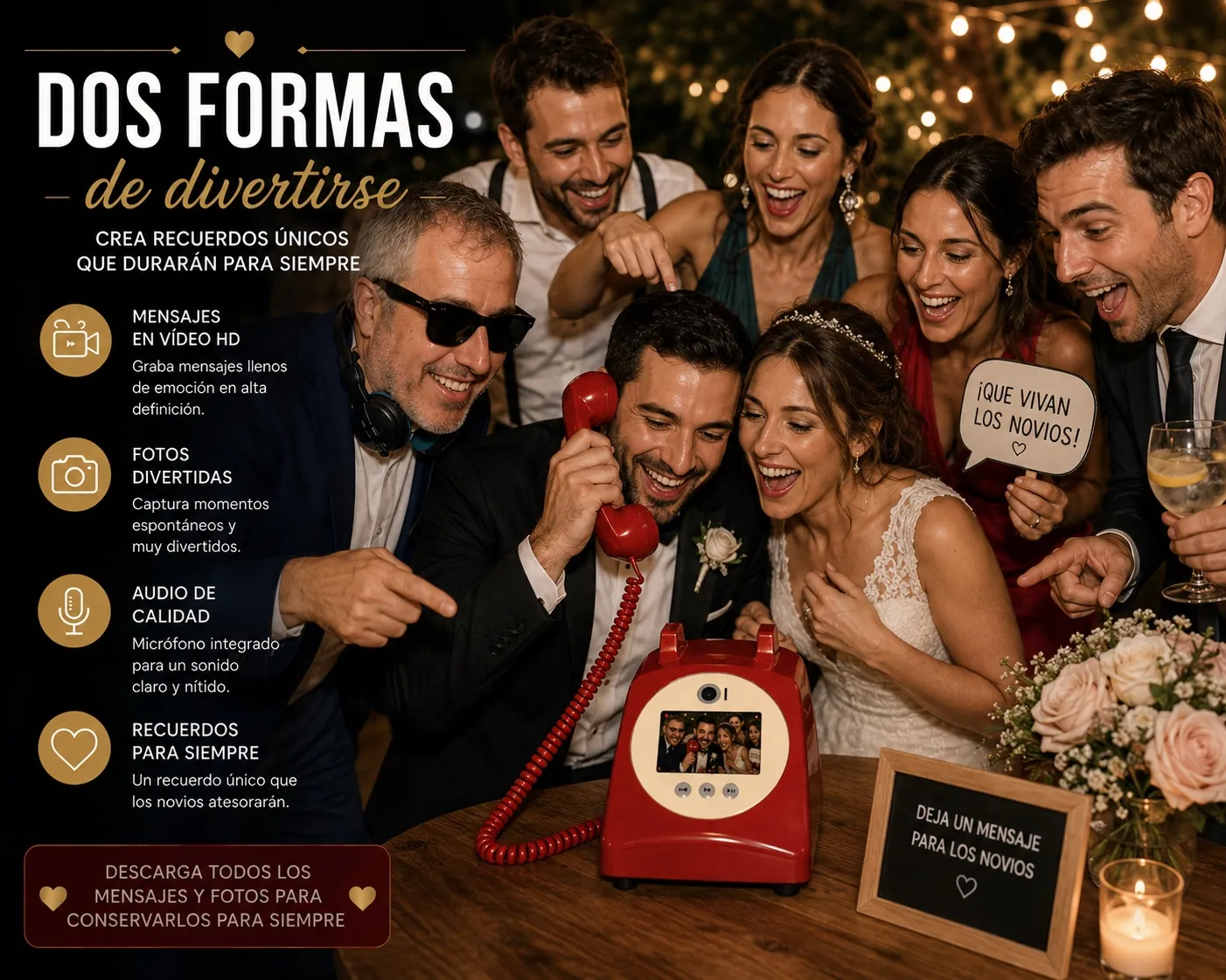 Invitados haciendo una foto con el Teléfono Rojo